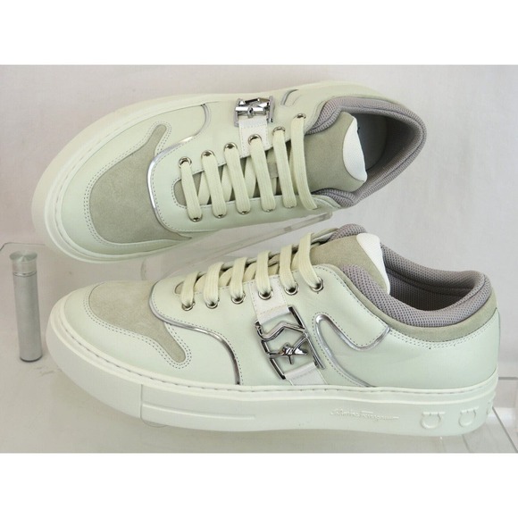 $795 FERRAGAMO NORIS WHITE LEATHER BEIGE SUEDE SF LOGO SNEAKERS 9.5 M ITALY main image 6